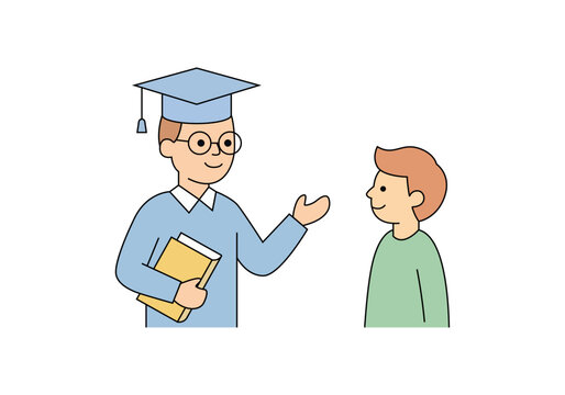 Profesor con birrete y libro hablando con un alumno
