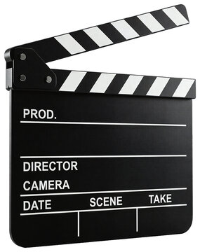 A black clapperboard with white text on it, text reads "PROD, dIRECTOR CAMERA DATE SCENE TAKE" with realistic artisanal craft details, isolated product element on transparent background.