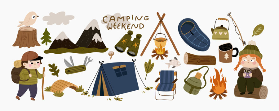 Mountain camping weekend vector clipart set with tent, campfire pot, tourist knife, binoculars, sleeping bag and hikers in scandinavian naive indie doodle art style for outdoor hiking trip