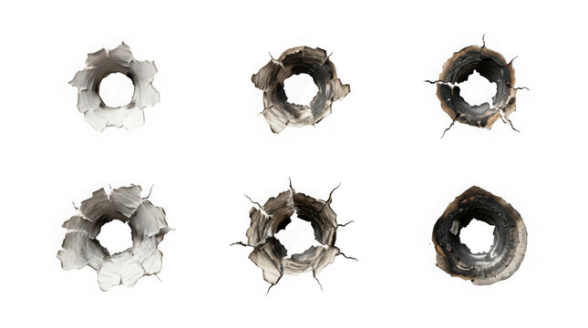 Collection of realistic bullet holes with cracks and burnt edges isolated on transparent background