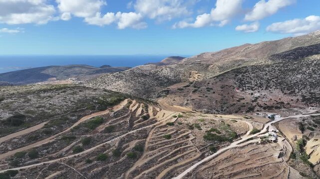 Drone shot of a mountainous landscape on the Greek island of Paros.