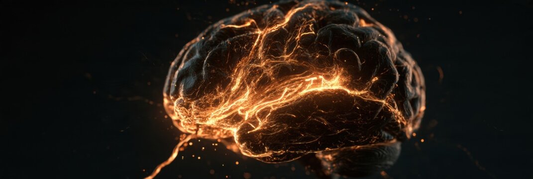 Cerebrospinal fluid flows as a glowing amber stream through dark brain tissue at night, showing the brains waste cleansing process.
