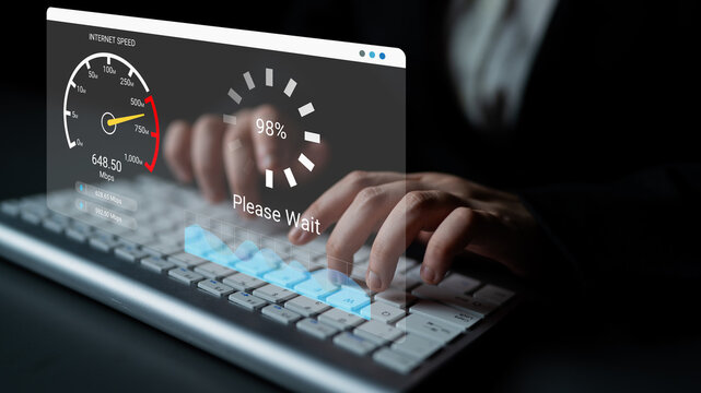 Hands typing on a keyboard with a digital representation of internet speed and progress indicator, illustrating technology and online connectivity in a modern workspace. Ledger