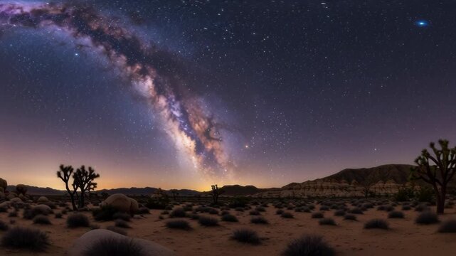 Milky Way galaxy arching over the desert night sky with Joshua trees and stars
