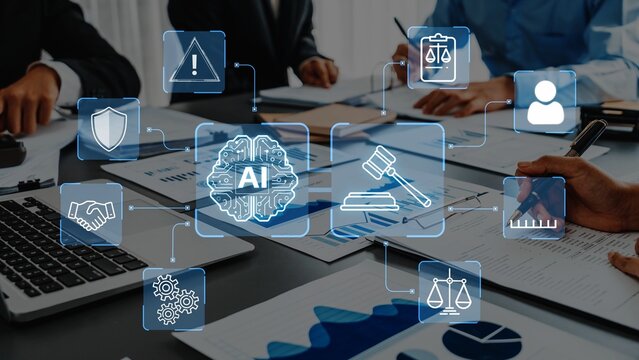 Business Meeting on Artificial Intelligence Implementation with Graphics and Legal Elements on Table Surrounded by Professionals. Entropy.