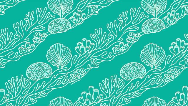 Seamless pattern with hand-drawn coral reef elements including brain coral, sea fan, and sponges in cream line art on a teal turquoise background for textile and wallpaper.