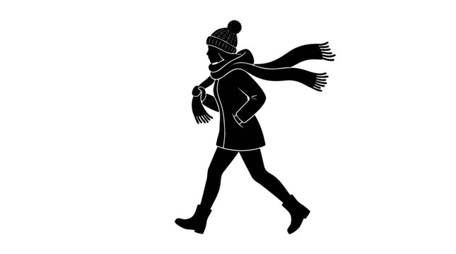 Silhouette of a woman walking in winter clothing with a scarf blowing in the wind