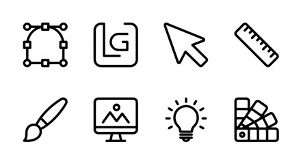 Obraz premium Graphic Design Icons Set: Vector Tools, Cursor, Ruler, Brush, Monitor, Lightbulb, Color Swatch