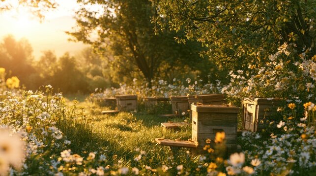 Traditional apiary with painted wooden hives in a meadow filled with wildflowers at golden hour, with warm amber light and trees in the background.