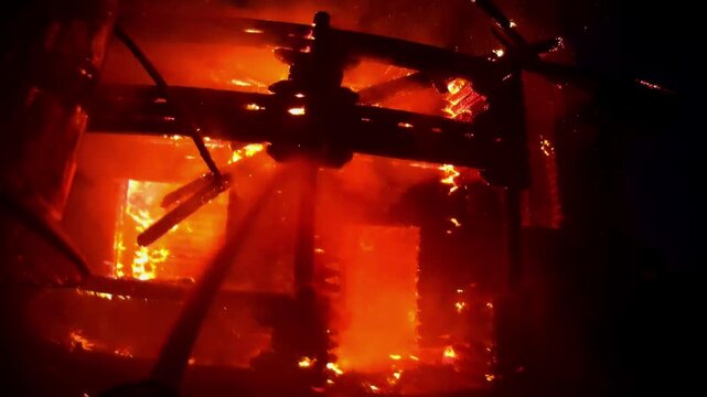 Intense firefighting scene with flames engulfing structure, showcasing dynamic action as firefighter rescuer battles blaze, camera zooms in on fiery chaos and heroic efforts