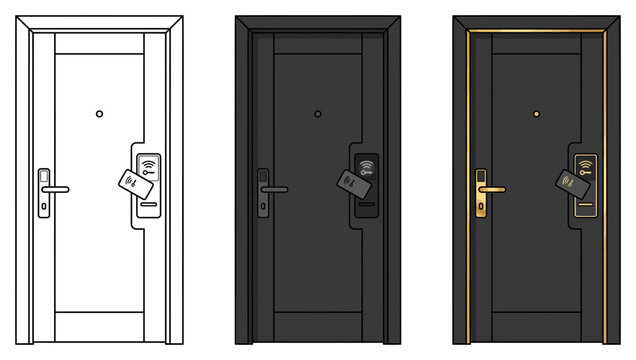 Modern electronic smart door set featuring three distinct graphic styles