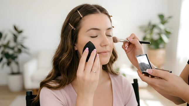 Close-up of a professional makeup artist using a black blending sponge and a powder brush to apply cosmetics to a young woman's face in a brightly lit, minimalist beauty studio