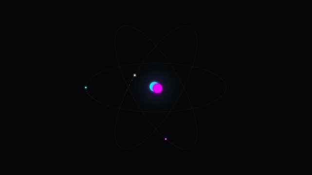Abstract neon atomic structure with glowing electrons orbiting central nucleus