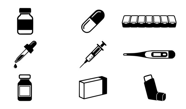 Set of medical and healthcare icons showing common pharmaceutical supplies and diagnostic tools in flat black style with pharmaceutical healthcare medicine