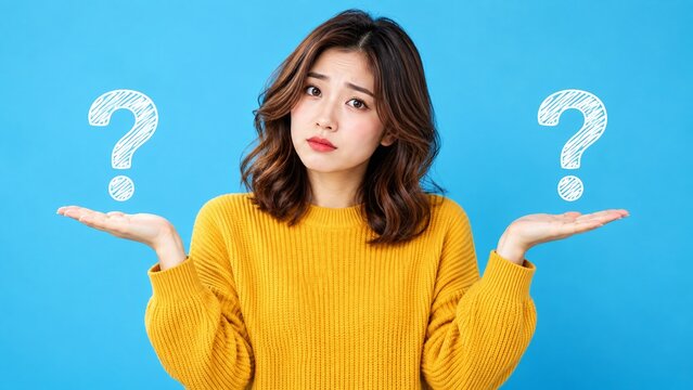 Confused young woman holding open palms with question marks, making a difficult choice or decision isolated on vibrant blue background