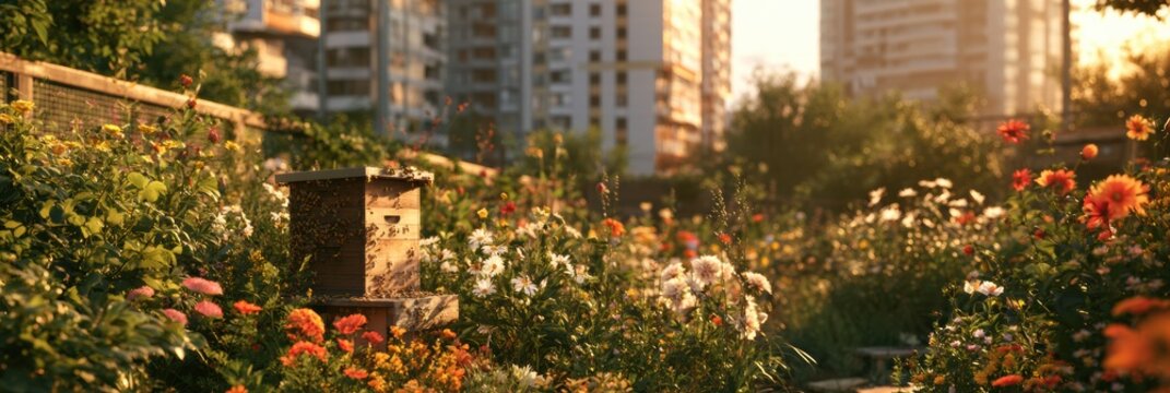 A wooden beehive in a community garden filled with blooming plants and urban apartment buildings behind it during warm summer light.