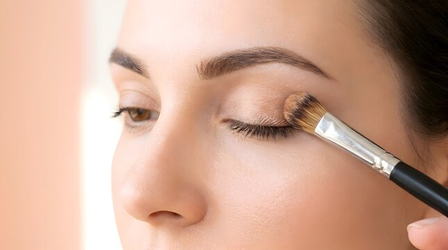 Detailed close-up of a professional makeup artist applying neutral brown eyeshadow to a woman's eyelid using a soft blending brush, focusing on precision and beauty care in a bright studio.