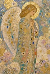Obraz premium Ornate angelic figure in mosaic style with golden wings and gown.