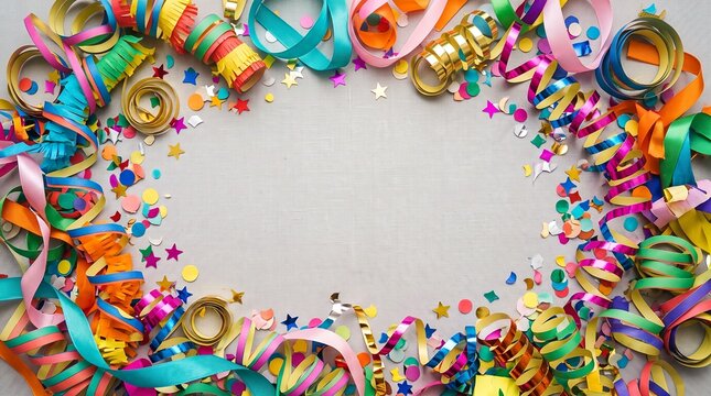 Colorful party streamers and confetti scattered on a light gray textured surface creating a festive border for celebration