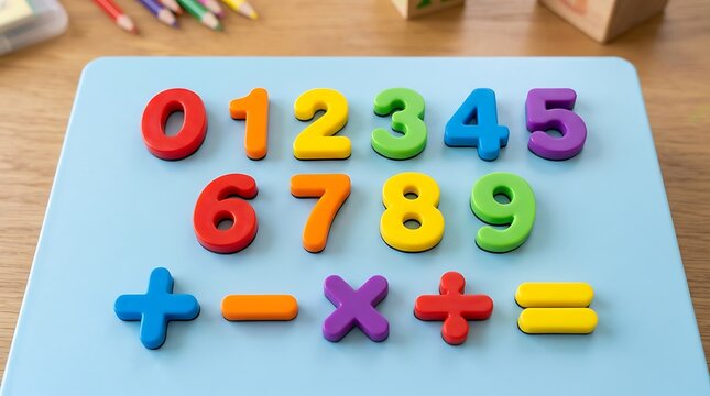Colorful plastic numbers and math symbols on a light blue board for early childhood education