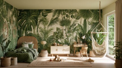 Obraz premium This childrens bedroom features a tropical jungle theme with large leaf prints, a rattan headboard, woven baskets, and a cozy hammock chair.