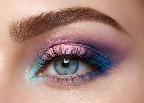 Detailed macro shot of a female eye with colorful turquoise and purple cosmetic makeup, focusing on the iris and long lashes for professional makeup artist portfolio and beauty ads