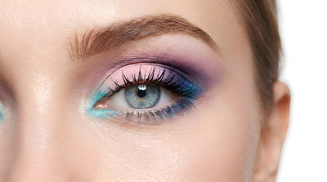 Extreme macro close-up of a human eye featuring creative artistic makeup with vibrant blue and purple eyeshadow and colorful lashes for professional cosmetics and beauty industry concepts