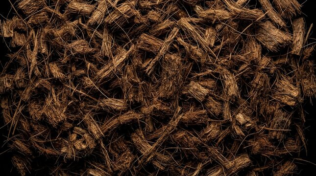Macro shot of organic dried coconut husk fibers and coir pieces, natural brown texture for sustainable agricultural and gardening use.