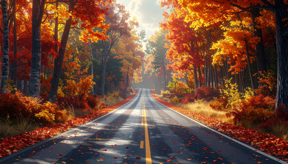 Fototapeta premium Autumn road through colorful forest with fallen leaves