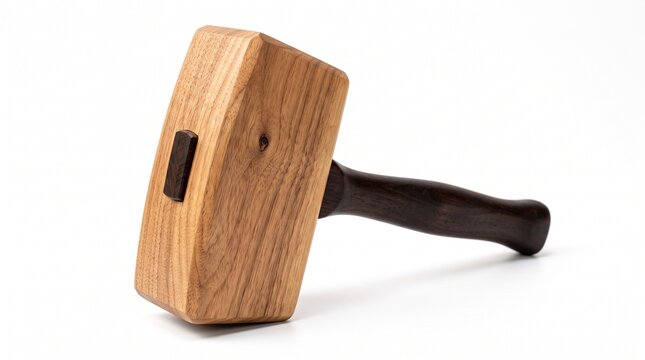 Traditional handcrafted wooden joiner's mallet photographed diagonally, highlighting its sculptural head, tapered ends and rich natural wood grain. Isolated on White background.