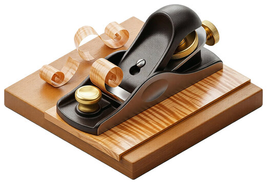A small wooden plane with a black handle and two brass-colored knobs on the top, plane is resting on a wooden base with a curved edge, isolated product element on transparent background.