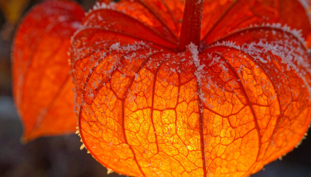 Close up of frosty orange Chinese lantern plant