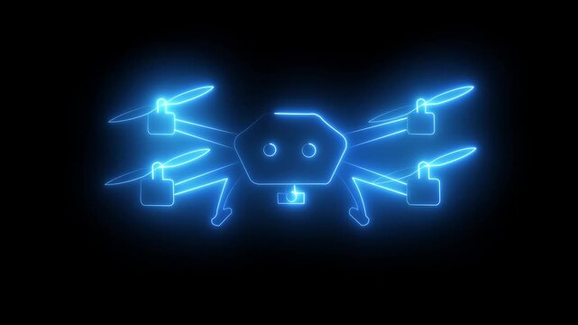 Glowing neon Drone icon animation on black background. Drone icon, Abstract glowing neon Drone icon animation with dark background.Containing photo camera .