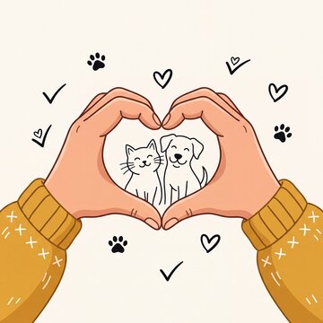 Hands Making Heart Shape Around Dog and Cat Illustration