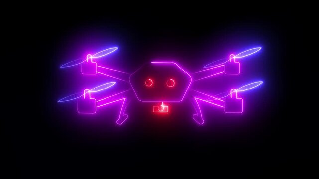 Glowing in neon colors futuristic drone design against a dark background. photographer, video camera and photograph icon collection animation.