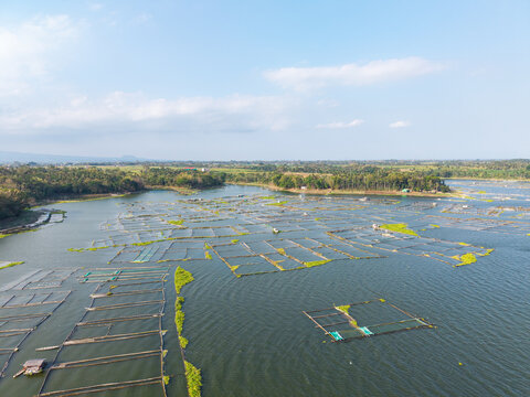 Drone panorama showing floating aquaculture pens across Waduk Karangkates, with rice fields, villages, trees, and distant hills.