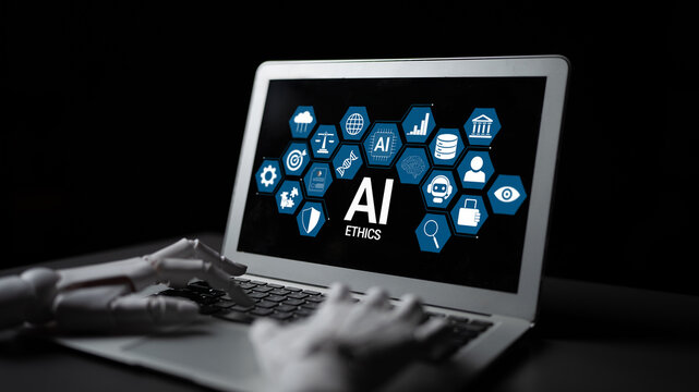 Ethical Considerations in Artificial Intelligence Development and Implementation with Visual Elements on Laptop Screen Haptic.