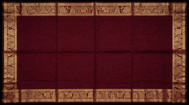 Traditional maroon Ilkal saree with golden border displayed flat against a dark background for ethnic fashion photography.