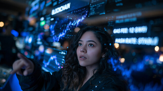 Young Woman Analyzing Blockchain and Cryptocurrency Financial Data