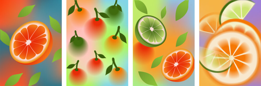 Vibrant citrus fruit vector illustration featuring oranges, limes, and leaves set against a colorful soft gradient backdrop for modern designs