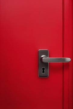 Minimalist close up of bright red door with metallic silver handle