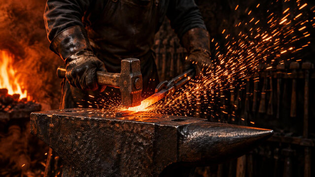 Blacksmith hammering glowing hot metal on an anvil in a dark workshop with sparks flying, traditional metalworking craft and industrial forging process