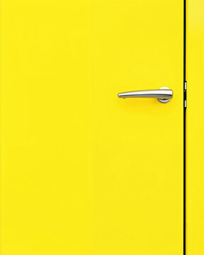 Minimalist close up of bright yellow door with shiny metallic handle