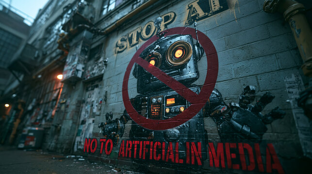 Anti AI Protest Graffiti with Robot on Brick Wall