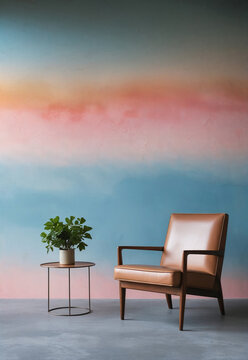 Stylish living room with leather armchair against colorful gradient wall