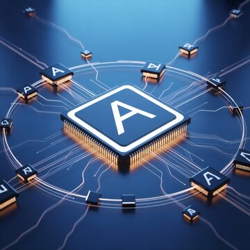 A large central computer chip with the letter a on it surrounded by smaller chips on a blue circuit board with glowing connections