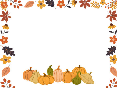 Autumn harvest square frame with pumpkins and leaves