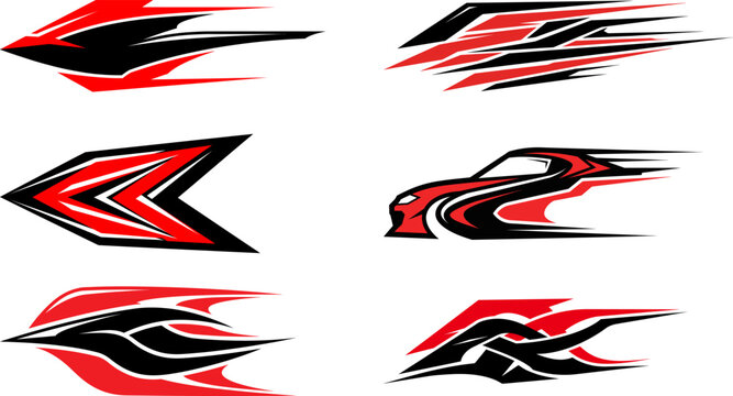 Set of abstract race car decals with dynamic red and black tribal flames for custom vehicle exterior graphics and racing designs.
