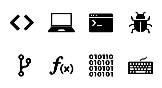 Programming Icons Set: Code, Laptop, Terminal, Bug, Function, Binary, Keyboard