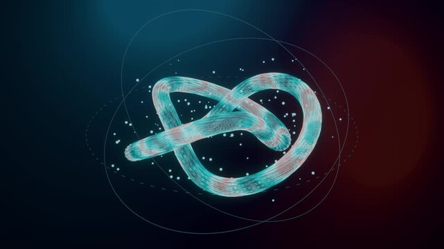 Futuristic abstract nacre knot rotating with glowing digital particle elements in motion, 3d rendering, seamless loop